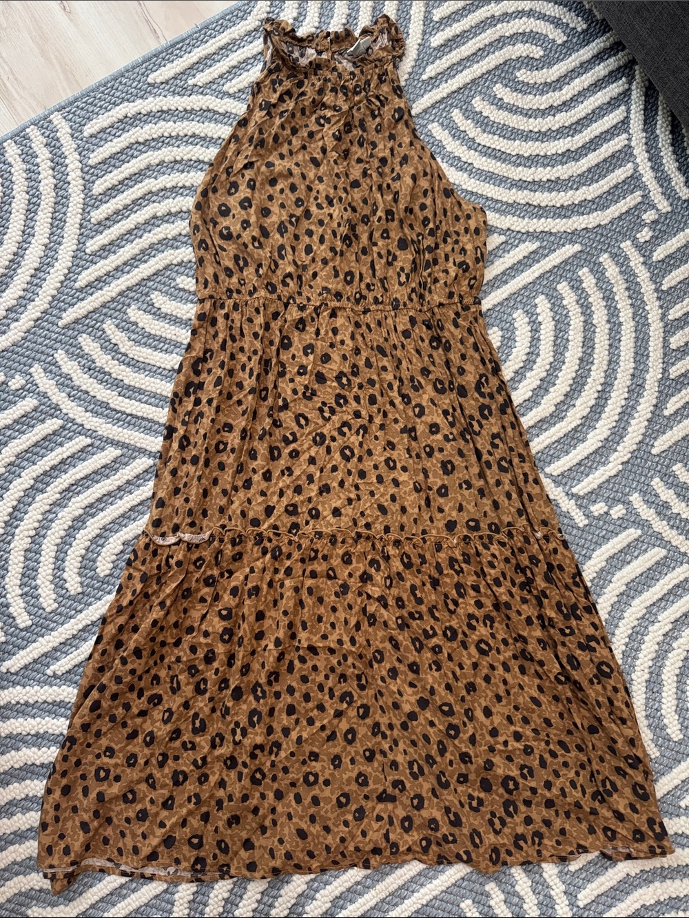 Ava & Viv Leopard Print Maxi Dress 2X Brown Tiered Tie Waist Halter Boho